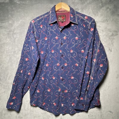 EQ Equilibrio Rooster Shirt Men s M Blue Geometric Embroidered Florals All Over