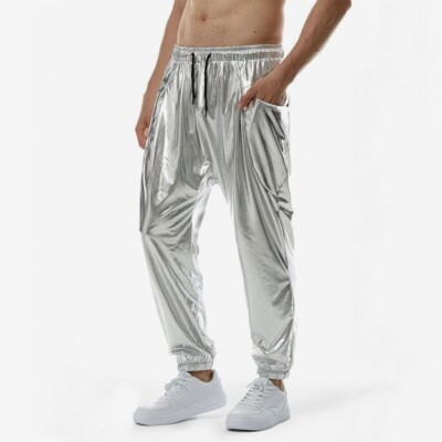 Men Silver Metallic Shiny Jogger Sweatpants Casual US Size Men Silver Metallic Shiny Jogger Sweatpants Casual US Size