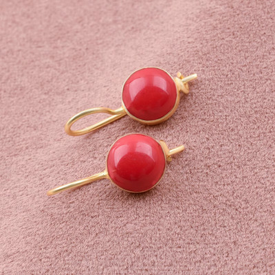 Beautiful 18K Yellow Gold Over Red Coral Dangle Ear Earrings Gift For Her Women