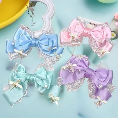 Cute Gilrs Lolita Pink Bow Headpiece Large Lace Bow Pearl Pink KC Cute Headwear