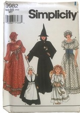  9982 Simplicity Child witch peasant angel pilgrim Costume sewing pattern 2-12