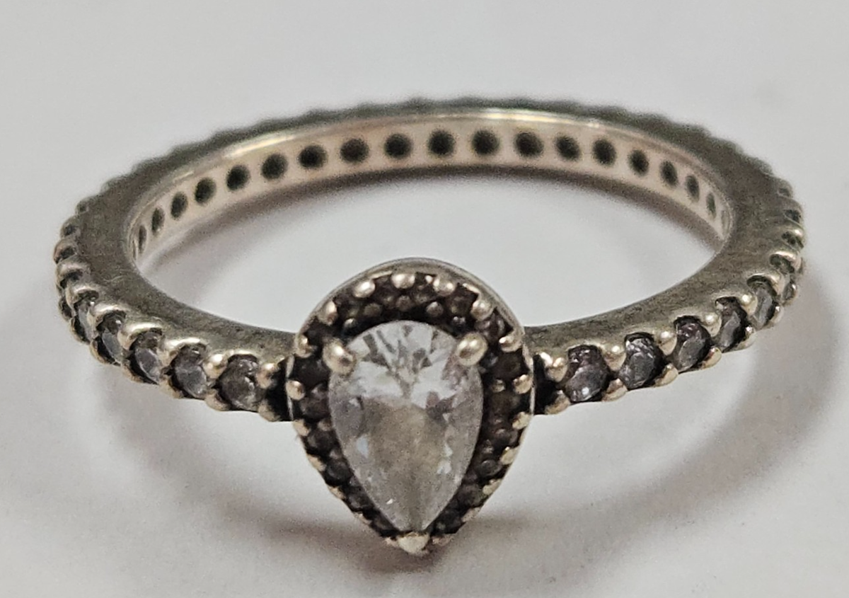 Pandora Sterling Silver Sparkling Pear CZ Halo Ring Sz 6.75  display picture 1