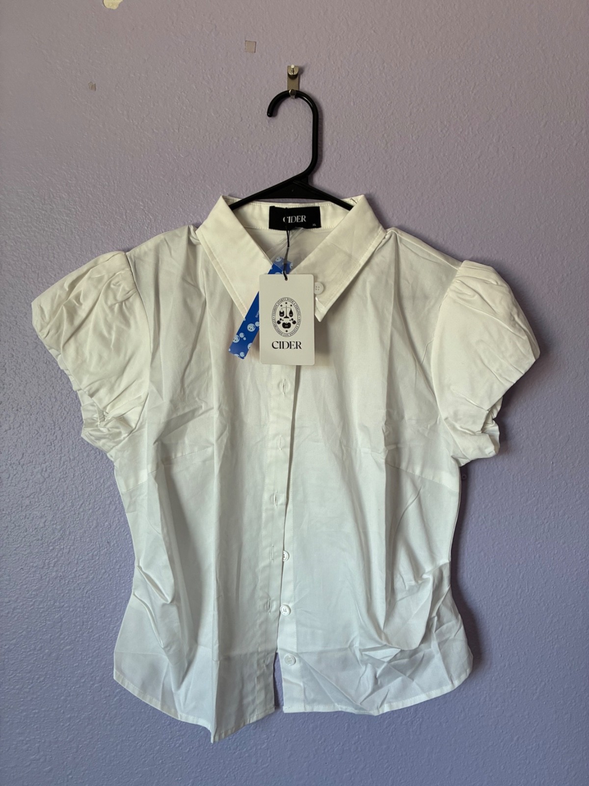 CIDER Women's Ruffle Sleeve Button Up White Blouse size XL with Tapered Waist