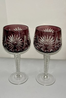 Pair of Bohemia Amethyst Purple Cut to Clear Crystal Wine Glasses