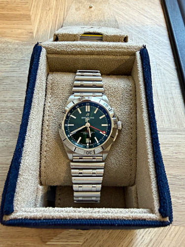 Breitling Chronomat GMT 40 Green Dial Auto Steel Bracelet Box Card