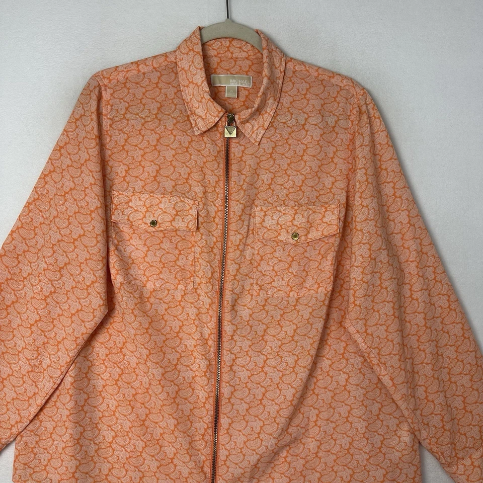 Blusa feminina Michael Kors laranja manga aba rolo paisley com zíper sedoso tamanho 1X - Imagem 2 de 4