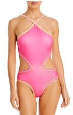 NWT Pilyq Platinum M Crochet Halter Neck 1PC Pink Monokini SwimSuit 119049