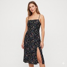 Uniqlo Floral Rayon Midi Camisole Dress M Side Slit Black Feminine Garden Boho
