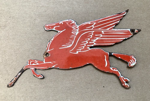 VINTAGE 8.5x5" MOBILOIL MOBILGAS RED PEGASUS GASOLINE PORCELAIN MOTOR OIL SIGN