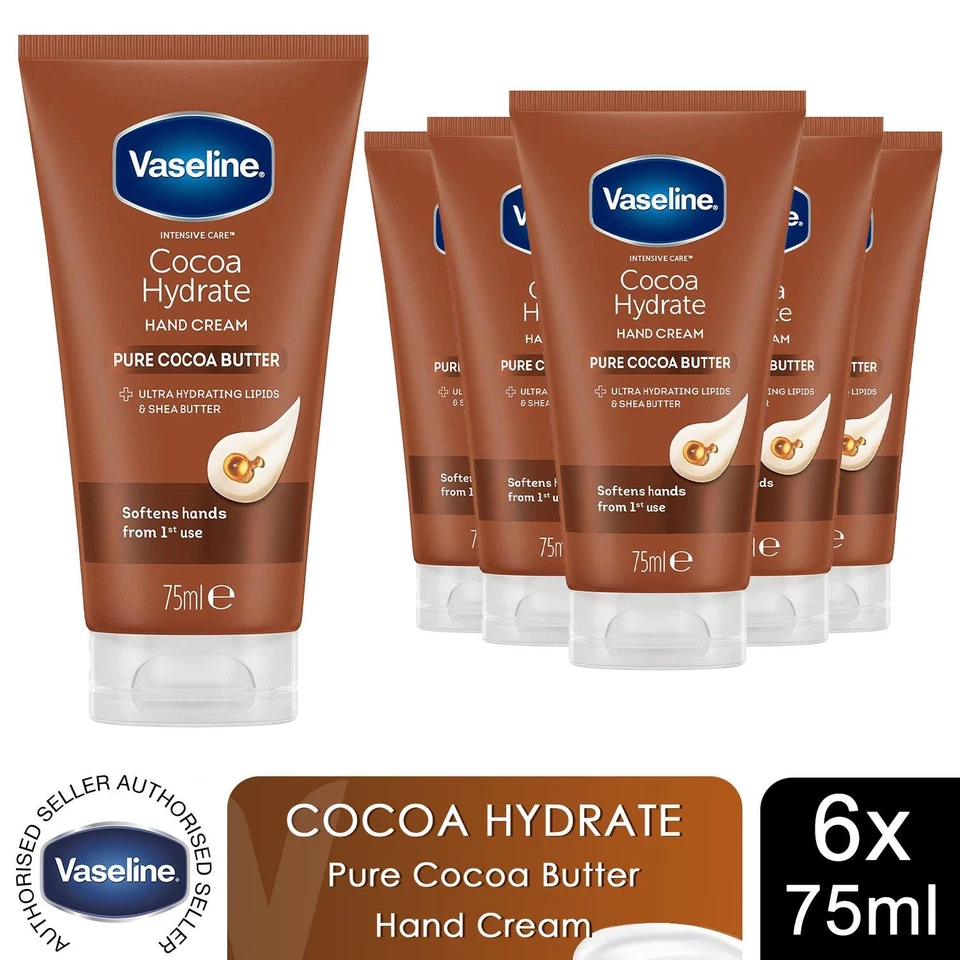 Vaseline Hand Cream Intensive Care Pure Cocoa Butter Cocoa Hydrate 75ml, 6 Pack