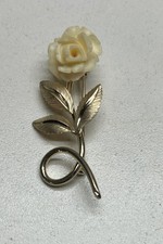 Vintage Brooch, 12K Gold Filled, White Rose With Leaves, Excellent Condition