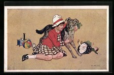 Cartolina artistica firmata F. Thiel: bambina abbraccia cane 