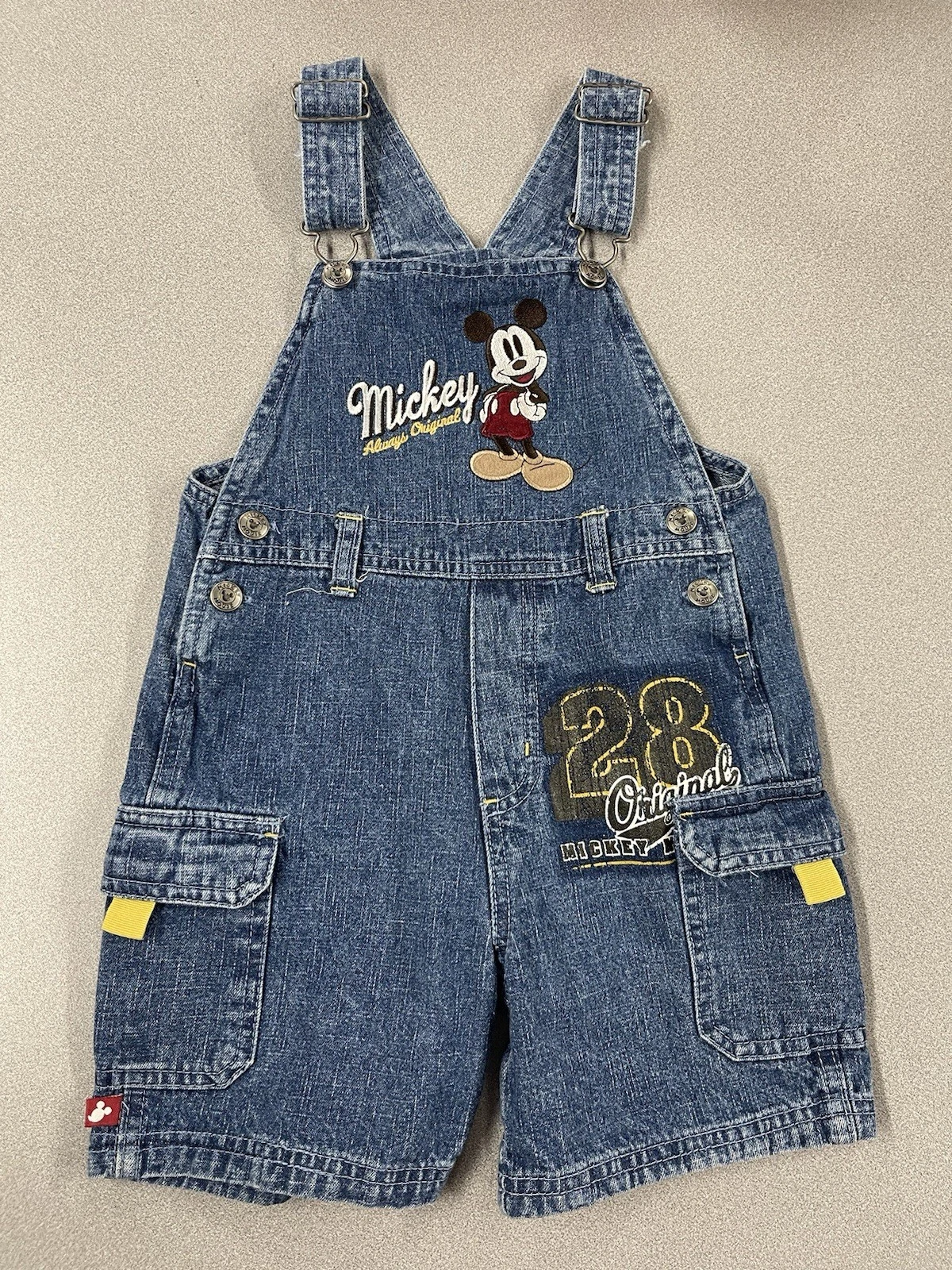 RARE Y2K Original Mickey Mouse Embroider Denim Shortalls SZ 3T Embroidered Logo