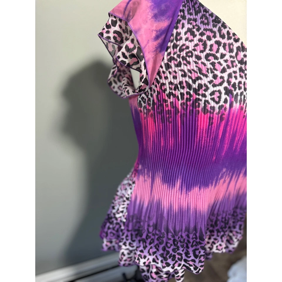 Camisa Y2K Colorida Ombré Estampado Leopardo Plisada Volantes Manga Corta Talla Grande Foto 3 de 4