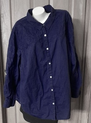 Catherine's Blue Blouse Embroidery Roll-Tab Sleeves Plus 3X (26-28)