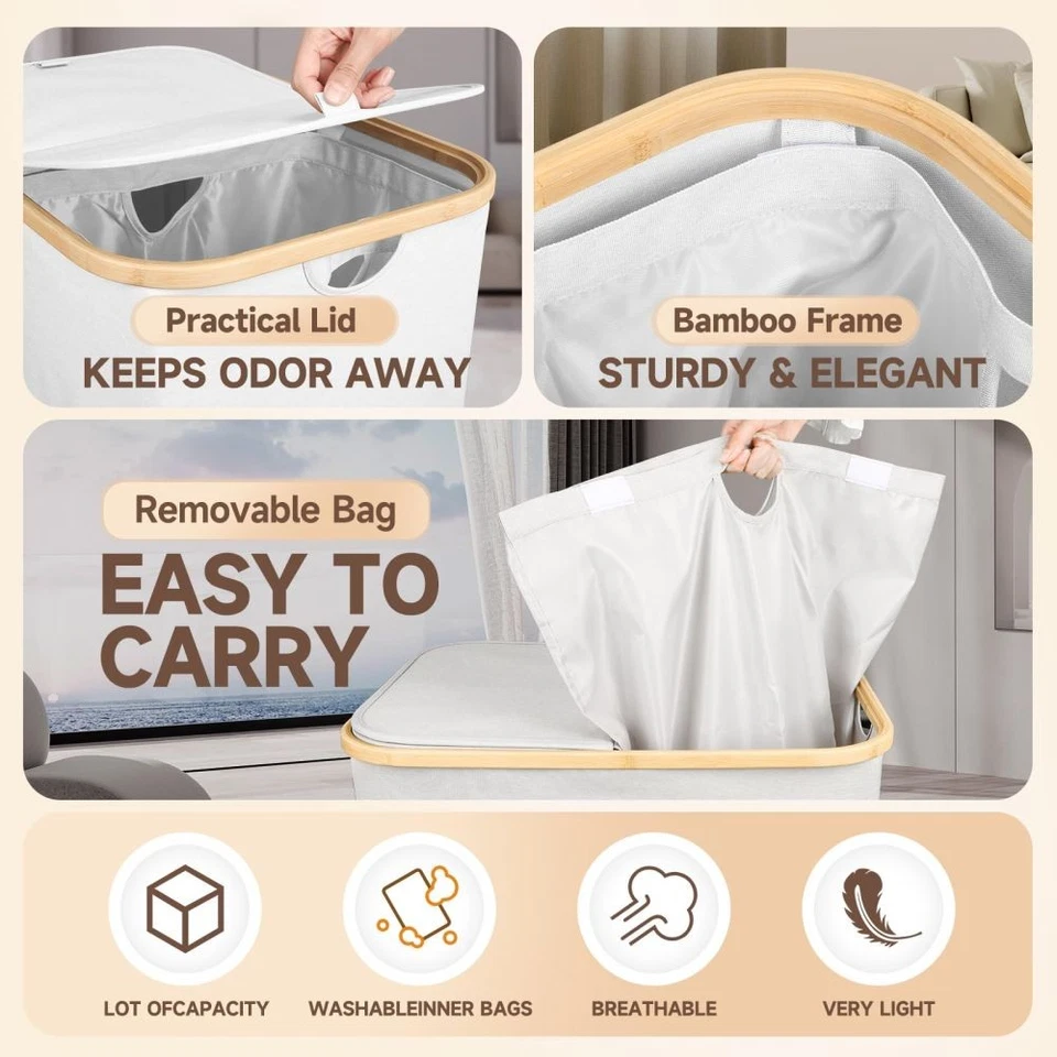 Cesta de Lavandería Doble Plegable 140L con Tapa, Cesta de Lavandería Extra Grande de Bambú Foto 3 de 4