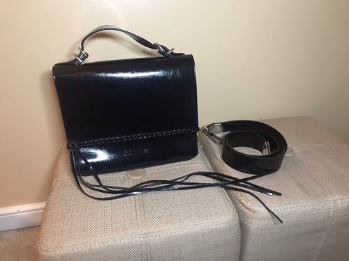 CALVIN KLEIN Fringe Glazed Patent Statement Top Handle Mini Satchel Crossbody - Picture 3 of 5