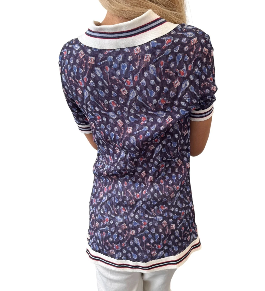 Camiseta Polo CHANEL Sport Vintage 06P #34 Azul Blanco Seda Cuello en V Tenis Foto 4 de 4