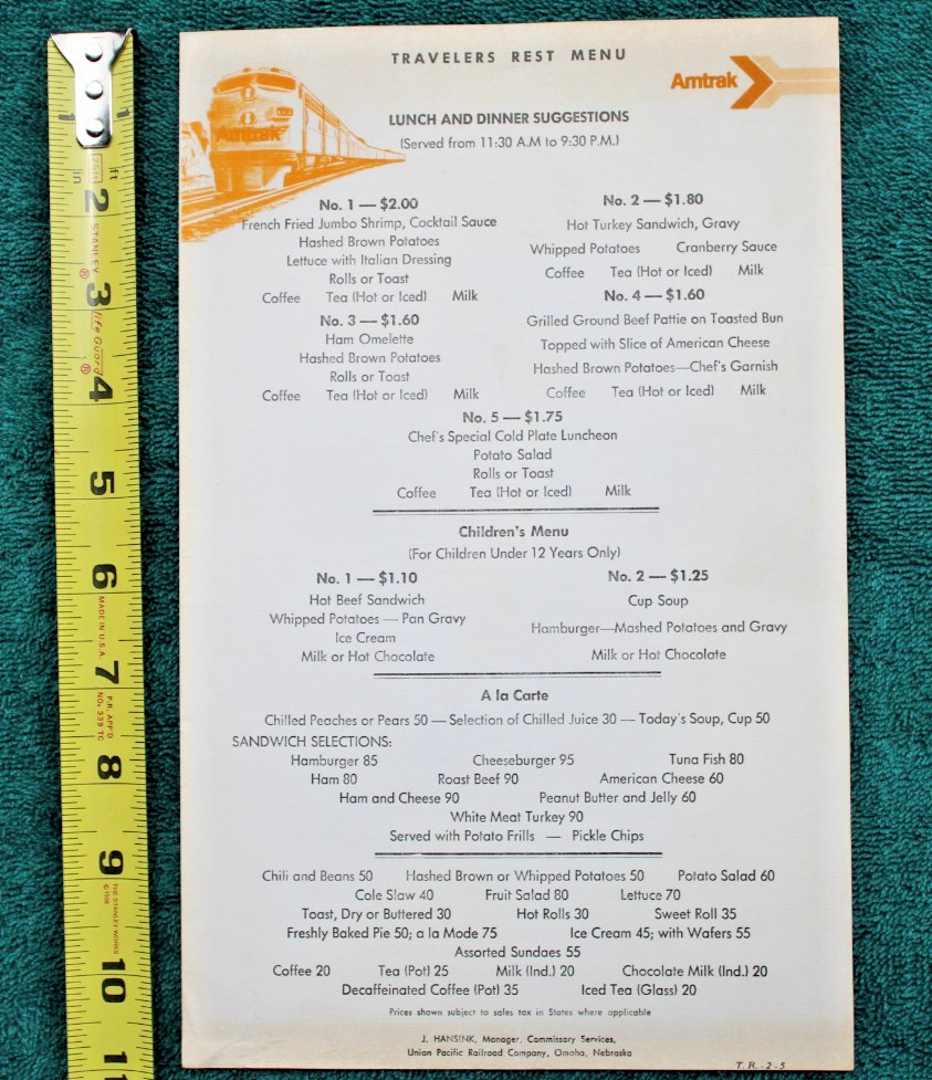 1970's Union Pacific Railroad Menu Railway Lunch & Dinner Omaha Nebraska Amtrak