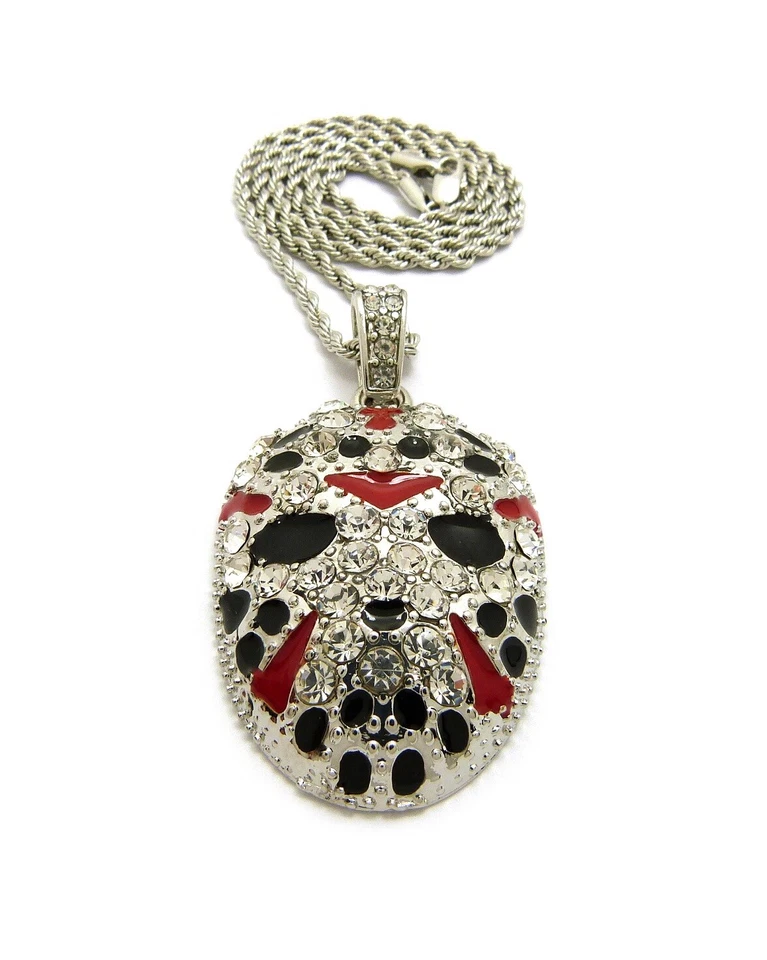 Colgante Máscara Hombre 21 Savage Jason Con Cadena Cuerda 24" 2mm Chapado en Rodio 14K Foto 2 de 4