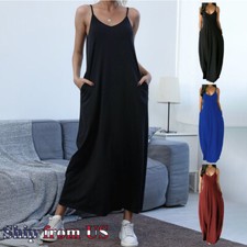 Women Casual Lady V Neck Sleeveless Long Loose Maxi Tank Dress Beach Sundress