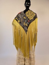 1930  S HAND WOVEN NET W RICH FLORAL DESIGNS  LONG BRIGHT YELLOW FRINGE