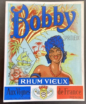 BOBBY SPIRITUEUX RHUM VIEUX Aux Vignes de FRANCE 1920's Paper Bottle Label