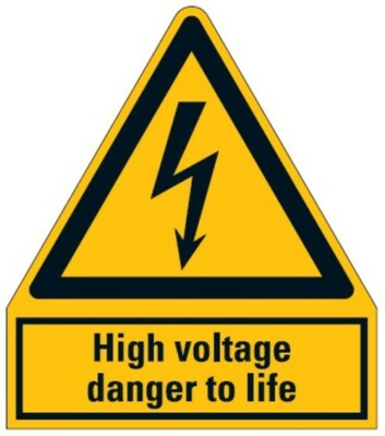 Aufkleber''High voltage danger to life'' Warn Schild ISO 7010 210x245mm signalgelb
