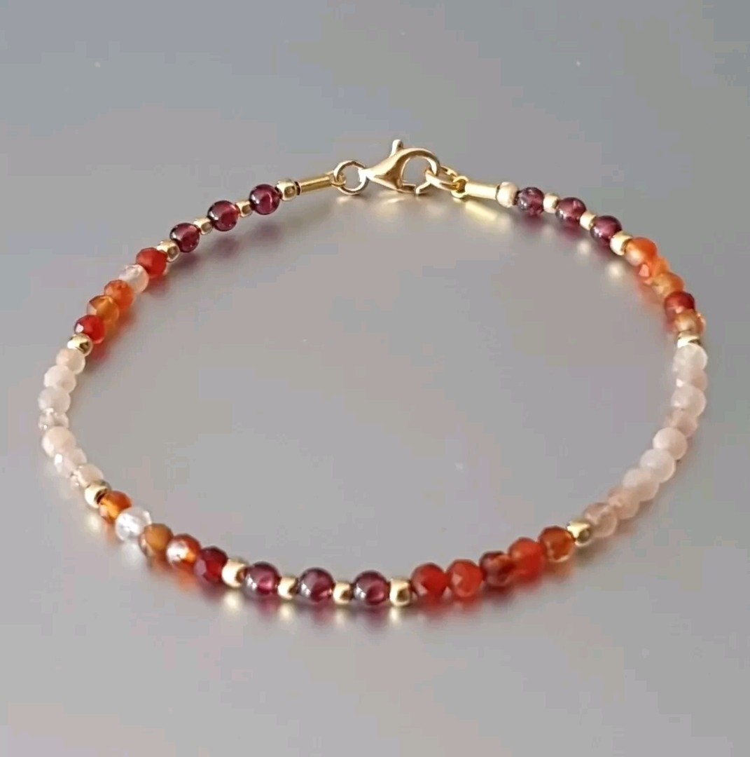 Echtes Karneol, Granat & Sonnenstein Armband 17-20cm 925 Sterling Silber verg.