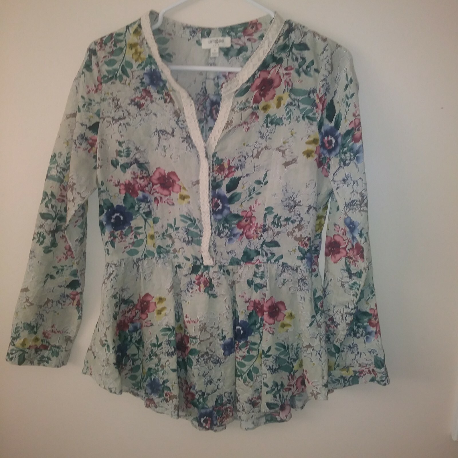 Umgee USA Peasant Top Crochet Inset Peplum Accent S Gem