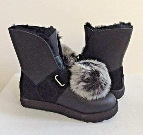UGG ISLEY BLACK WATERPROOF LEATHER POM POM Boot US 9 / EU 40 / UK 7.5 NIB - Picture 2 of 6