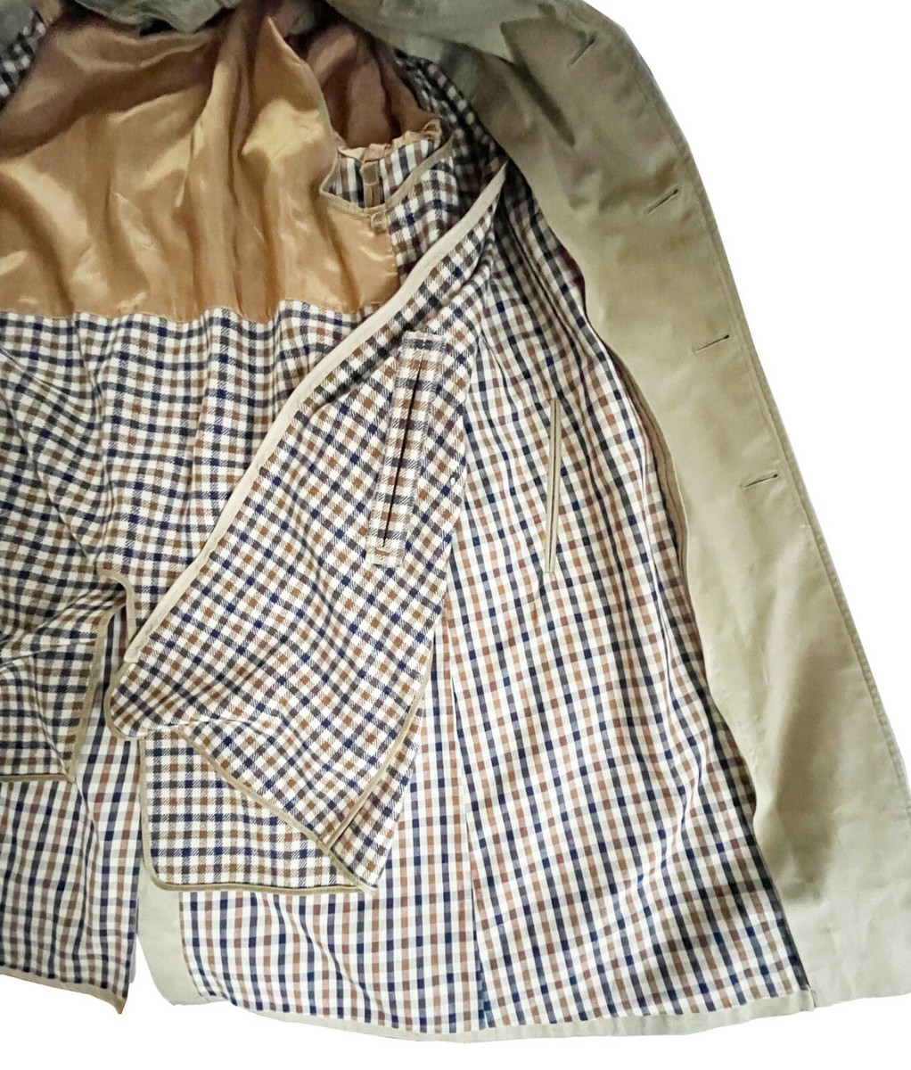 AQUASCUTUM Men's Khaki Trench Raincoat Zip-In Wool Club Check