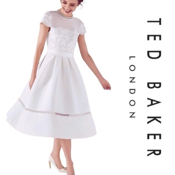 Ted Baker White Frizay Lace Bodice Pleated Tea Length Dress