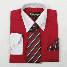 Boys Red Dress Shirt White V2021 Contrast with Tie  Hankie Long Sleeves 4 to 20