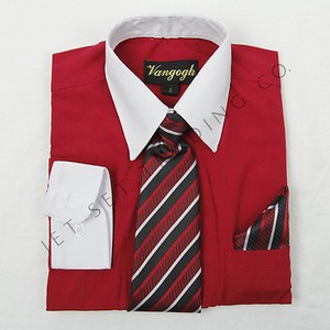 Boys Red  Dress  Shirt  White  Contrast with Tie  Hankie Long 