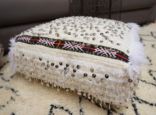 Moroccan Ottoman Pouf Wedding Blanket Handira Floor Pillow Sequins Handmade