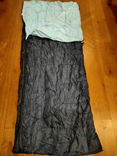 Navy blue sleeping bag with light blue interior. 