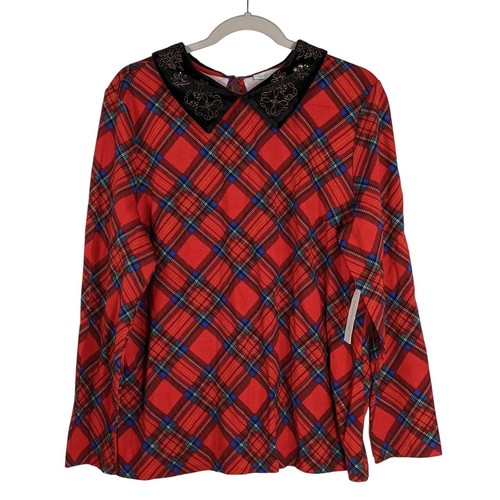 Charter Club Plaid Top Velvet Collar Embroidery Sequins Blouse Red M Holiday