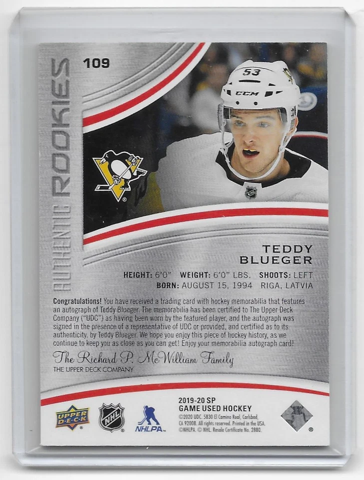 2019-20 SP Game Used Authentic Rookies Red Teddy Blueger Rookie Auto Jersey - Image 2 of 2