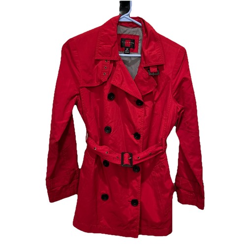 Gallery Petite Women's SP Red Double Breasted Collared  Belted Pocket Jacket EUC