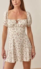 Reformation Women's Corbin Dress Size 10 Ivory Floral Print Short Puffed Sleeve