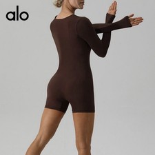 ALO Women's Brown Long Sleeve Square Neck Romper One-Piece Activewear