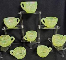8 FENTON SATIN TOPAZ OPALESCENT VASELINE GLASS PUNCH CUPS BEAUTIFUL SCARCE