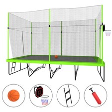 10x17ft Trampoline w/ Hoop  Ladder, Green Fabric, Steel Frame, UV Resistant