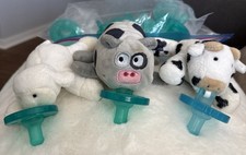 Lot of 3 Pacifier Holders WubbaNub, Lamb, Pig  Cow. 11 Extra Pacifiers