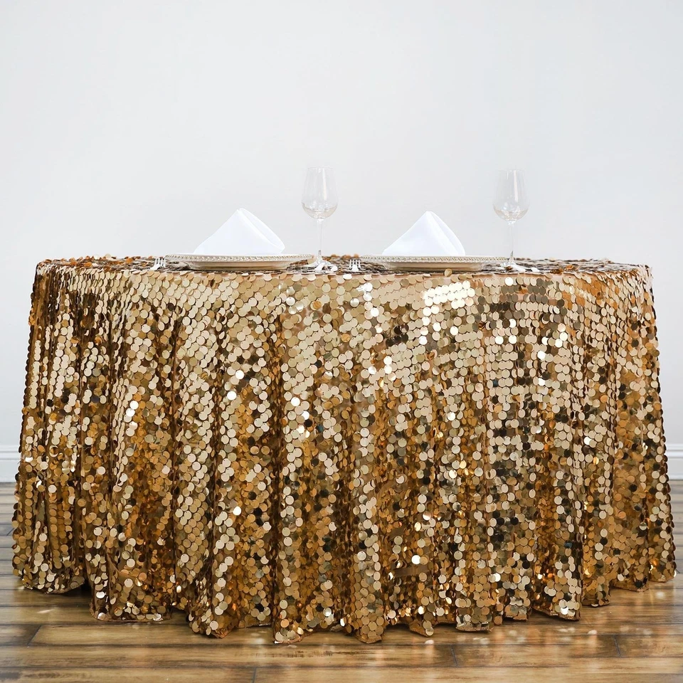 GOLD ROUND 120" Large Payette Sequin TABLECLOTH Wedding Catering Dinner Linens - Image 4 of 4