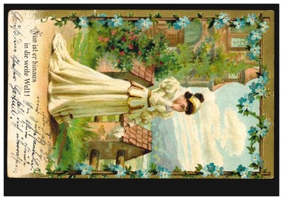 Farewell Tears Embossed Card: Now He's Out into the Wide World! Insterburg 1905