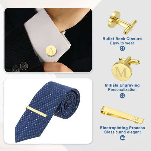 Cuff Links, Tie Clip and Cufflink Set for Men, Letter M(Gold Tone) - Picture 3 of 6