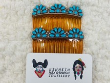 Rare Native American Vintage Zuni Sterling Silver Turquoise Flower Hair Comb Set