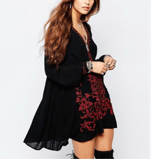 Free People Hearts In Heaven Black Boho Mini Dress Sz Medium